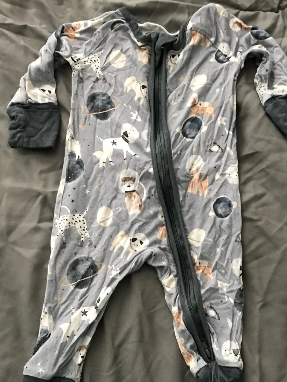 Childrens Grey Space Animal Zip One-Piece BAMBOO PJS